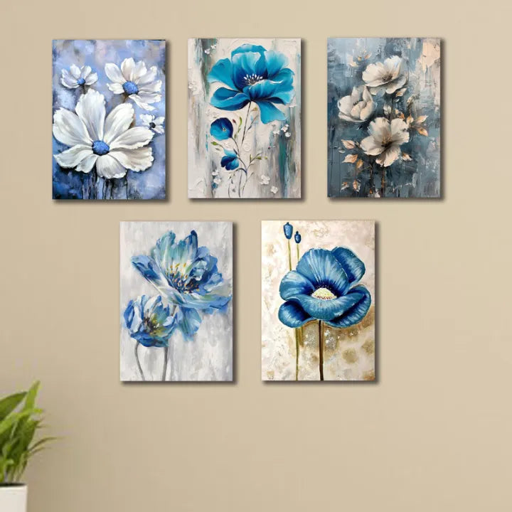 Set of 5 blue flowers wall art